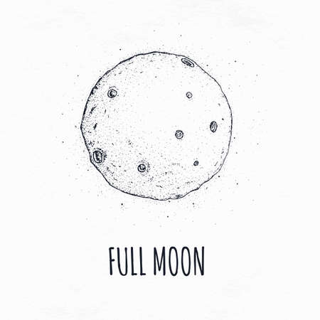 Full moon in outer space with lunar craters. Logo hand drawn vector illustration on white background.のイラスト素材