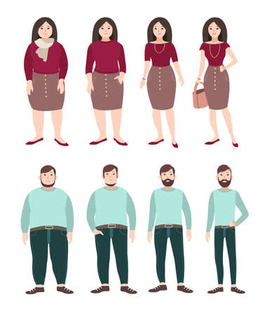 Fat and slim people. Weight loss concept. Woman and man figure. Colorful flat illustration.のイラスト素材