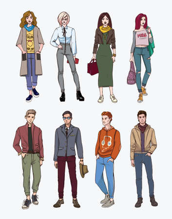Set of hand drawn stylish young people at street. Collection fashion, trendy youth. Colorful illustration.のイラスト素材