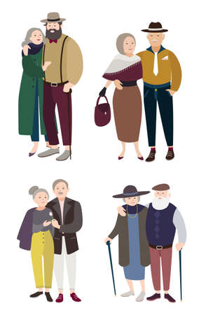 Senior couples in love. Relationships with aged man and woman. Colorful flat illustration.のイラスト素材