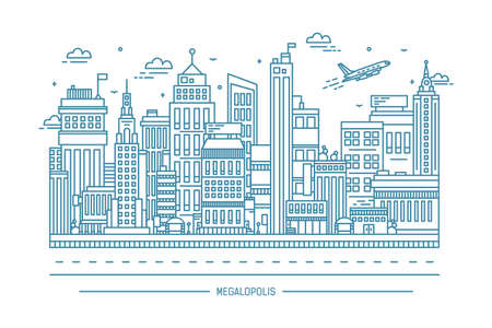 Megalopolis, big city life, contour line art illustration.のイラスト素材