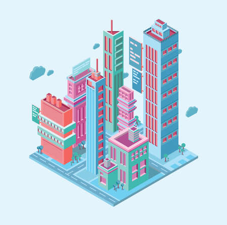 skyscrapers towers modern buildings on white background vector illustration. Isometric building. megalopolis business city.のイラスト素材