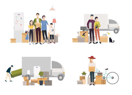 People moving into a new house with things. Set of images in flat style.のイラスト素材