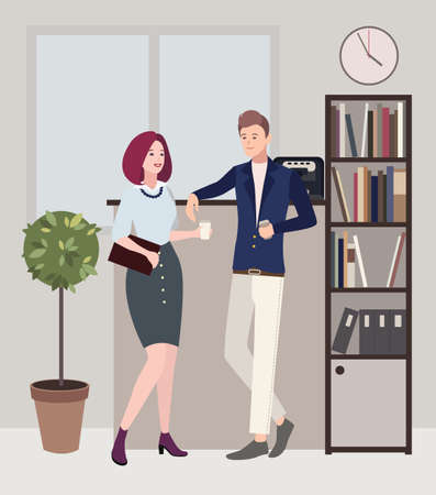 Relationships at work. coffee break. woman and man are flirting. Colorful flat illustration.のイラスト素材