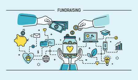 Fundraising. Line art flat vector illustration. Colorful.のイラスト素材