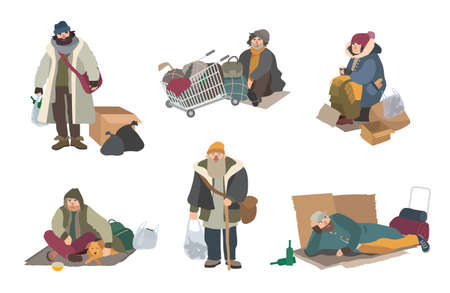 Homeless people. cartoon flat characters set illustration.のイラスト素材