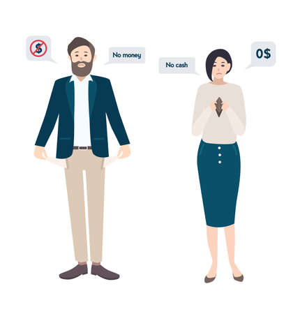 Businessman man and woman has no money, bankrupt. empty pockets concept. Characters in flat style.のイラスト素材