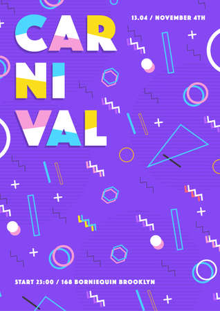 purple carnival poster. abstract memphis 80s, 90s style retro background with place for text.