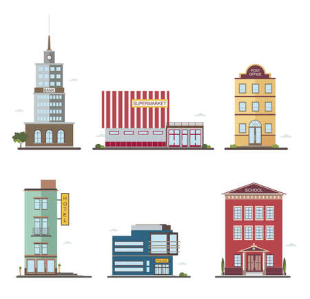 Modern buildings in different architectural styles. Architecture construction bank, hotel, supermarket, post office, police, scのイラスト素材