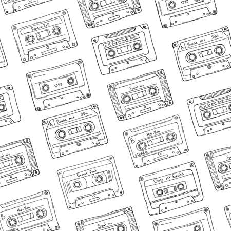 Seamless pattern, plastic cassette, audio tape with different music. Hand drawn contour background, retro style.のイラスト素材
