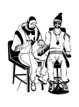 Professional tattoo master at work. Tattooist with client.のイラスト素材