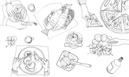 Festive tableful, laid table, holidays hand drawn contour illustration, top viewのイラスト素材