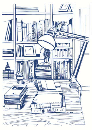 Modern interior home library, bookshelves, hand drawn sketch illustration.のイラスト素材
