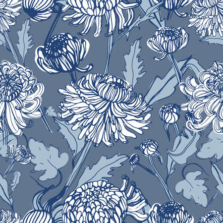 Japanese chrysanthemum hand drawn seamless pattern with buds, flowers, leaves. Vintage style illustration.のイラスト素材