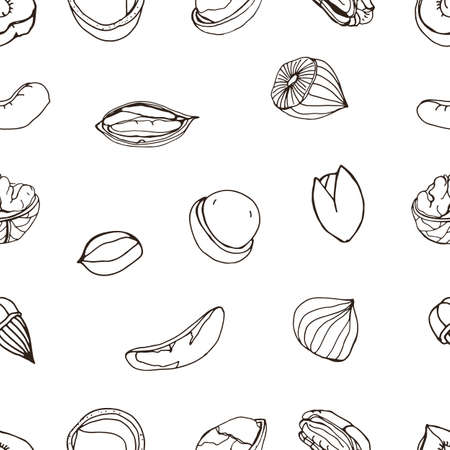 Nut seamless on white background. Hand drawn contour pattern with different kind pecan, almond, macadamia, pistachio, walnut, cashew, peanut, brazilian.のイラスト素材