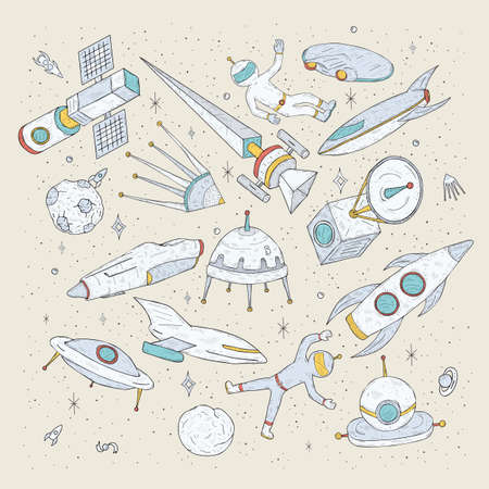 Hand drawn cartoon space planets,shuttles, rockets, satellites, cosmonaut and other elements. Set doodles cosmic symbols and objects.のイラスト素材