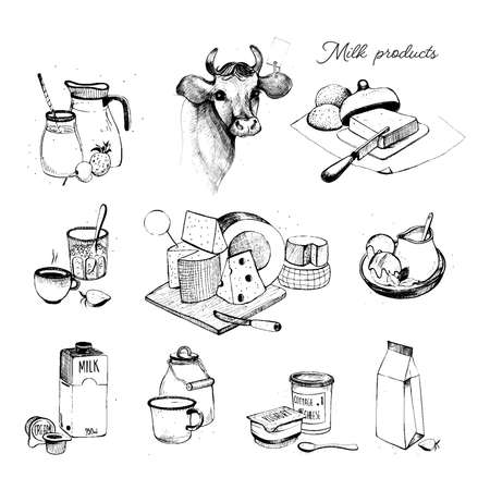 Dairy products hand drawn collection. Set milky farming assortment. Illustration on white background.のイラスト素材
