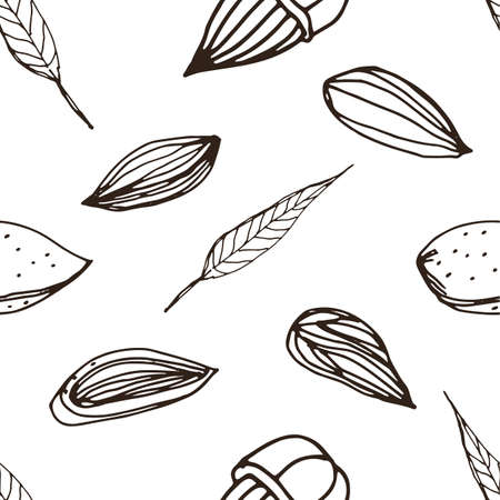 Nut seamless on white background. Hand drawn contour pattern with almond.のイラスト素材