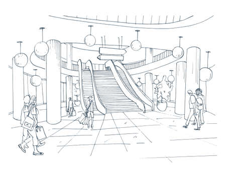Modern interior shopping center, mall. Contour sketch illustration.のイラスト素材