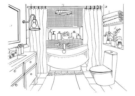 Hand drawn modern bathroom interior design, Vector sketch illustration.のイラスト素材