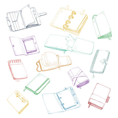 Notebook, notepad, planner, organizer, sketchbook hand drawn set. Collection of colorful illustrations.のイラスト素材