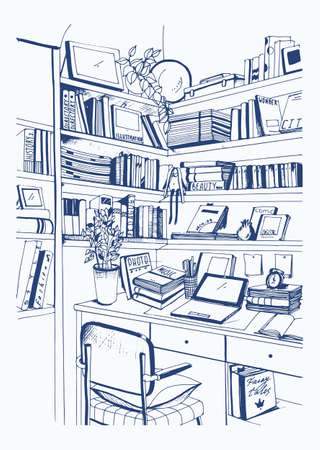 Modern interior home library, bookshelves, workplace hand drawn sketch illustration.のイラスト素材
