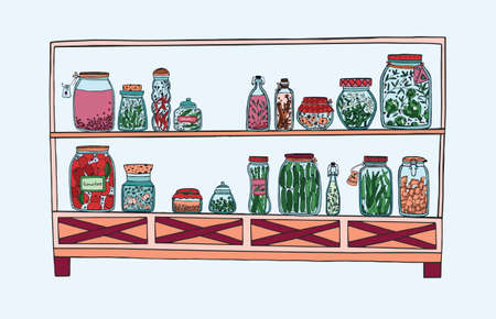 Rack with pickled jars with vegetables, fruits, herbs and berries on shelves, Autumn marinated food. Colorful Illustration.のイラスト素材
