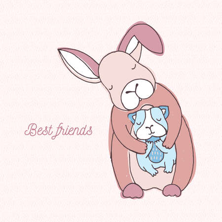 Best friends card. colorful hand drawn illustration with rabbit and cavy.のイラスト素材