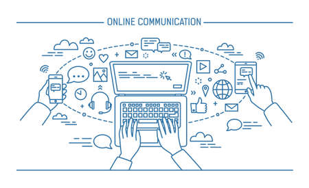 Online communication lineart banner. gadgets, information technology, communications, messaging, chat, media. Contour flat style vector illustration.のイラスト素材