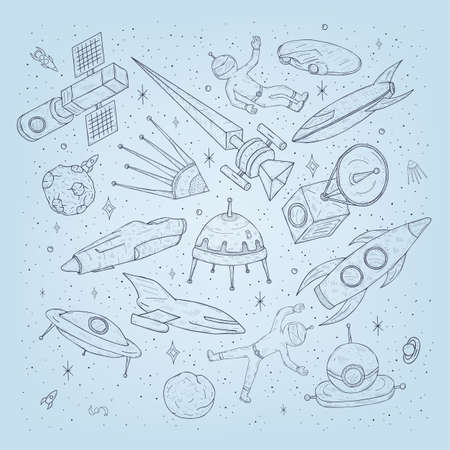 Hand drawn cartoon space planets,shuttles, rockets, satellites, cosmonaut and other elements. Set doodles cosmic symbols and objects.のイラスト素材