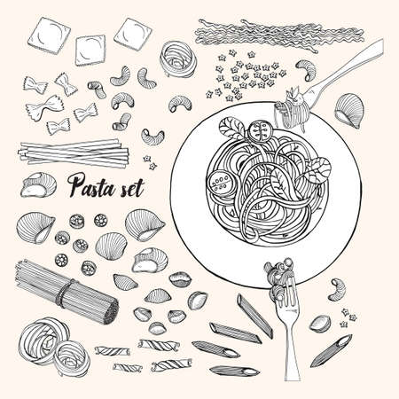 Set of different types pasta. Hand drawn collection spaghetti, macaroni, fusilli, farfalle, ravioli, tortiglioni, penne. Black and white vector illustration.のイラスト素材
