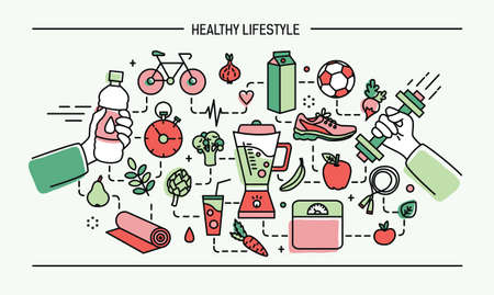 Line art flat colorful vector illustration healthy lifestyle, sport and food objects.のイラスト素材