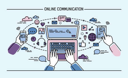 online communication lineart banner. gadgets, information technology, communications, messaging, chat, media. Colorful flat style vector illustration.のイラスト素材