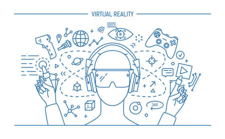 virtual reality lineart banner. contour vector illustration.のイラスト素材