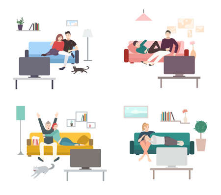 Set of a couple watches TV. Flat colorful illustration. People, men and women in living room, leisure.のイラスト素材