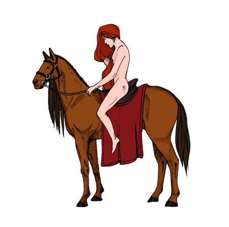 Nude women riding a horse. Lady Godiva. Colorful illustration.のイラスト素材