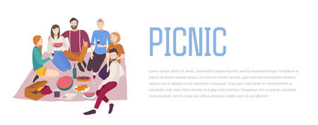Picnic, vector illustration. Friends company together, outdoor relax. people recreation scene in flat style. Background, banner with place for text.のイラスト素材