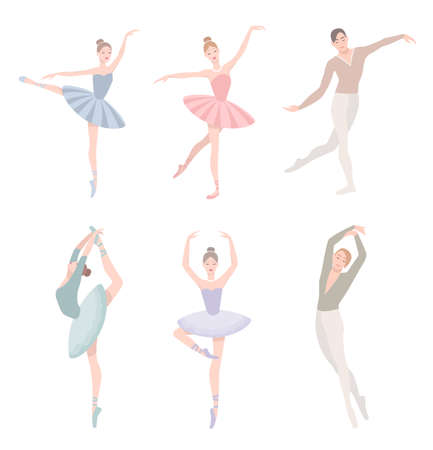 Set of ballet dancer. Vector illustration in flat style. Girl and guy in tutu dress, different choreographic position collection.のイラスト素材