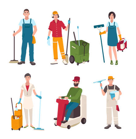 Different janitor set. People with cleaning equipment window washer, cleaner, sweeper the floor. Man on the washing machine, woman with a broom. Vector illustration in flat style.のイラスト素材