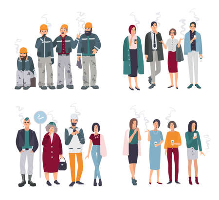 Set of smoking room. Different people on smoke break. Man and woman with cigarettes collection. Vector illustration in flat style.のイラスト素材