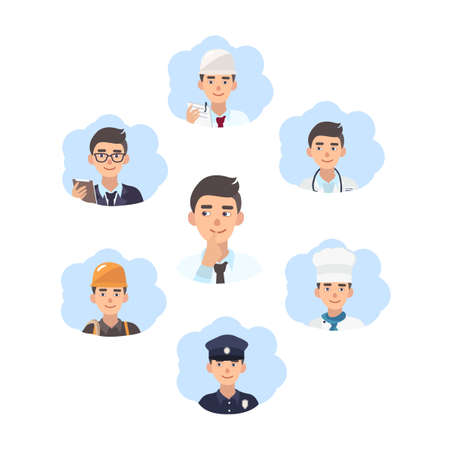Career choice concept. Young guy choose a profession. Illustration in flat style.のイラスト素材