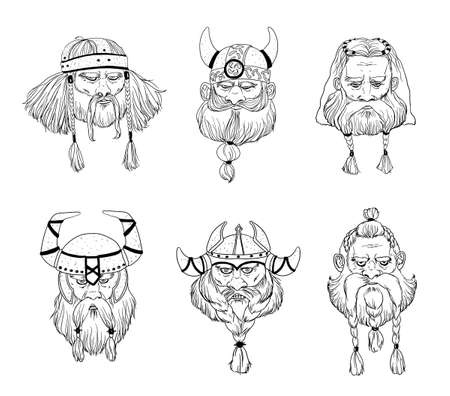 Viking, varangian, warriors head set. Hand drawn black and white portraits collection.のイラスト素材