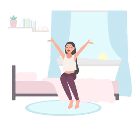 Wake up early concept. Happy girl get out of bed in morning. Flat illustration on white background.のイラスト素材