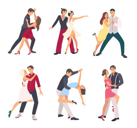 People dancing salsa. Couples, man and woman in dance, in different postures. Colorful flat illustration set.のイラスト素材