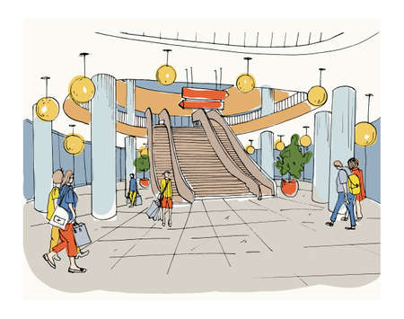 Modern interior shopping center, mall. Colorful sketch illustration.のイラスト素材