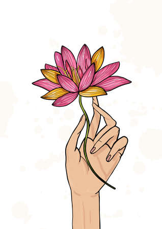 Hand holding lotus flower. Colorful hand drawn illustration. yoga, meditation, awakening symbol.のイラスト素材