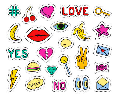 Set of fashion patches. Different badges and pins. Hearts, lips, cherry, banana, eye, key, lollipop, hashtags and diamond icons. Trendy vector pictograms in cartoon 80s-90s comic style.のイラスト素材