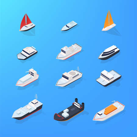 Set of different ship, motorboat, sailing, yacht, passenger, merchant, vessel. Colorful isometric illustration collection.のイラスト素材