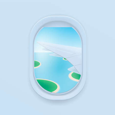 Airplane window. cartoon flat illustration. Porthole, view on the plane wing.のイラスト素材