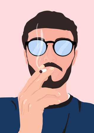 Man with a beard, mustache and glasses smoking cigarette. Vector illustration.のイラスト素材